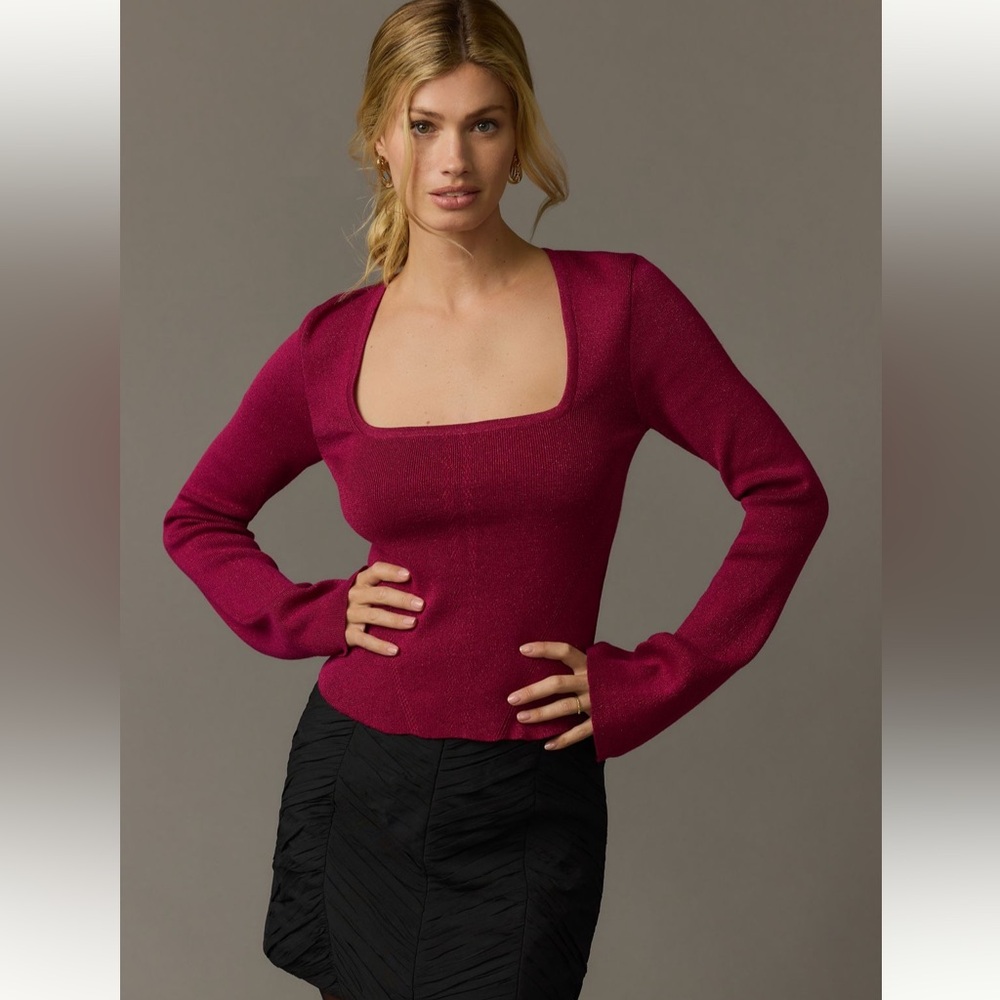 Maeve Deep Red Pullover Top, Maeve Square-Neck Bell-Sleeve Sweater